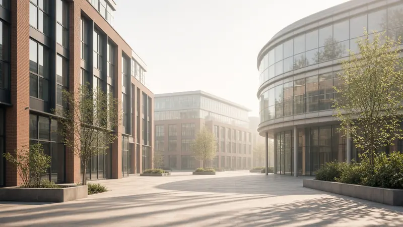 Brick and glass facade of the Dublin innovation centre in late light.