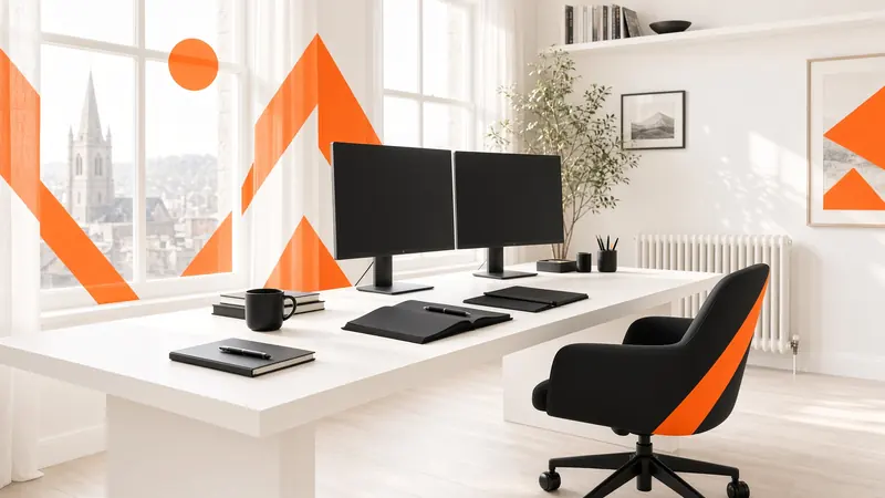Quiet Dublin studio in cream light, matte black desk, orange geometric motif.