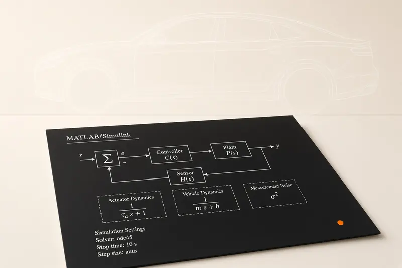 Wireframe vehicle in a cream studio over black paper with orange marks.