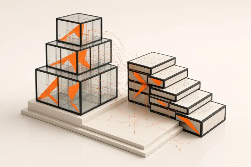 Glass data cubes and cream paper folios with orange geometric traces.