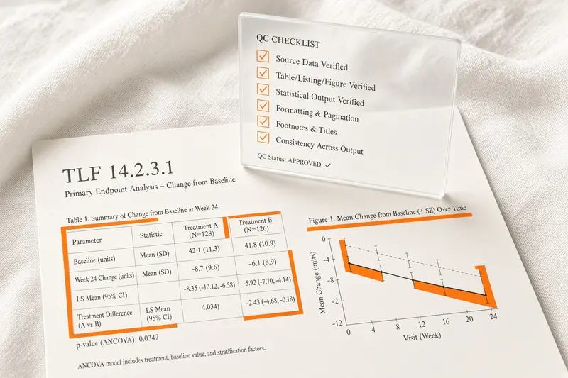 Cream studio still of TLF tables with matte black type and an orange geometric mark.