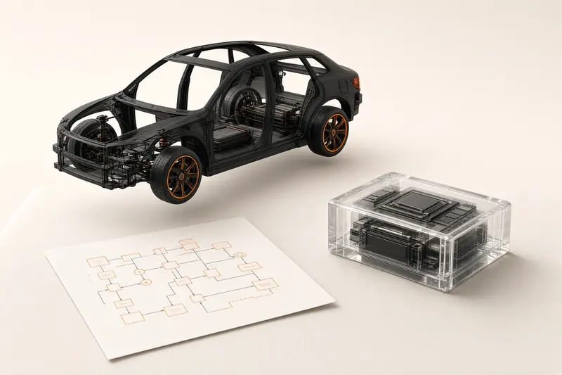 High-key cream studio: automotive wireframe, black paper, orange geometric motif.